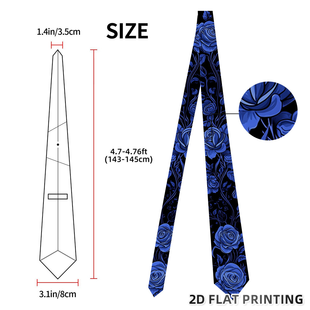 TEMU 1pc Fashion Blue Roses With Ornate Leaves Motif Trendy Tie Suitable For Evening Events, Special Celebrations, And Social , Stylish Print Stands