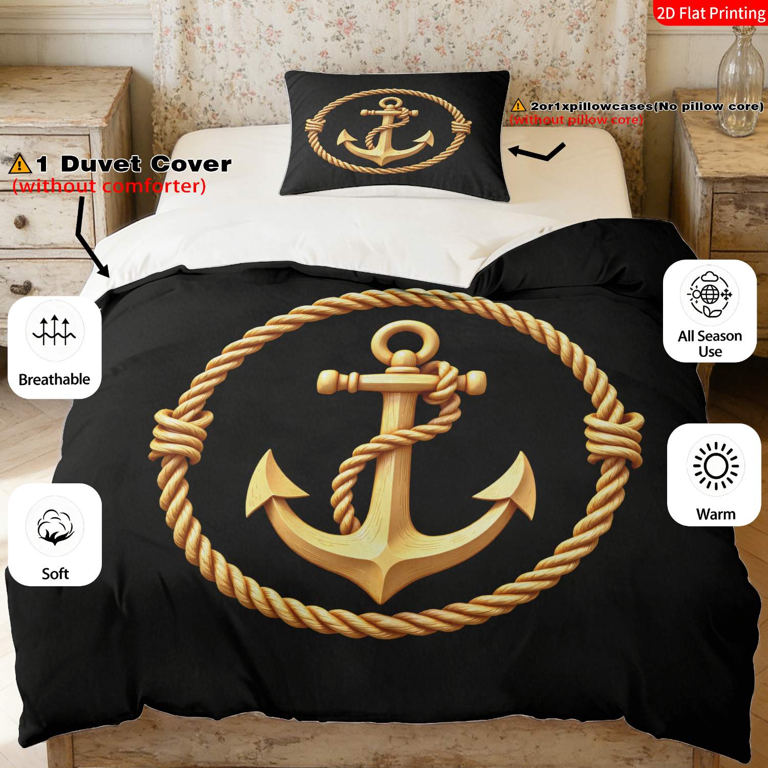 TEMU 2pcs/3pcs Nautical Bedspread With & Rope Maritime Bedding - Coastal Quilt Cover Suitable For, Zipper Closure, Machine Washable, Duvet Cover  