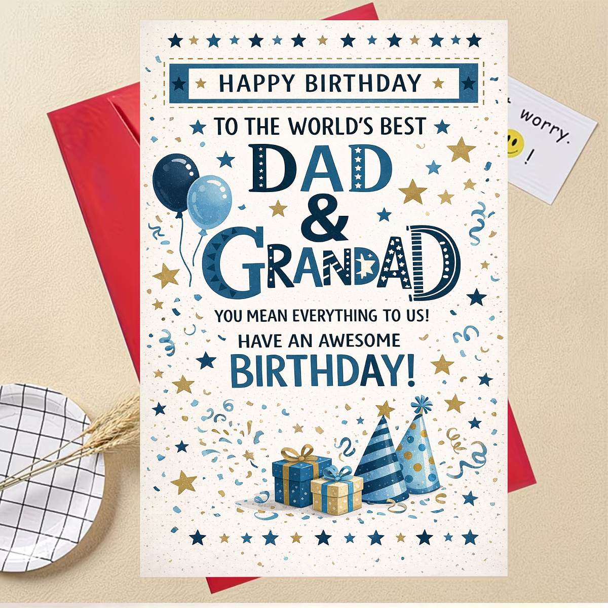 TEMU 1pc Blue Fathers Birthday Greeting Card, Happy Birthday 's Best For Dad And Grandad, Confetti Stars Balloons And Gift Boxes, Ideal For Dad And