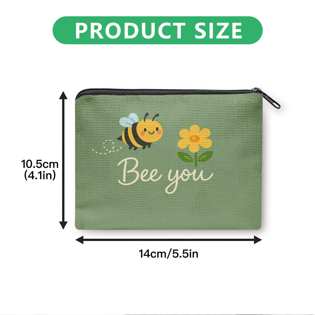 TEMU Coin Purse 1pc, Bee With Yellow Flower Print Coin Purse, Zipper Pouch, Clutch Bag, Versatile Makeup Bag, Earphone And Lipstick Organizer,