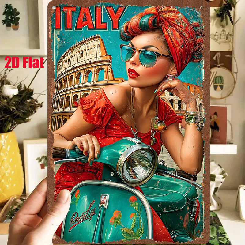 TEMU Plaque plate 2D, 1 pièce plaque en métal plate 2D - Œuvre d'art vintage en étain italien représentant avec un foulard coloré et une robe rouge