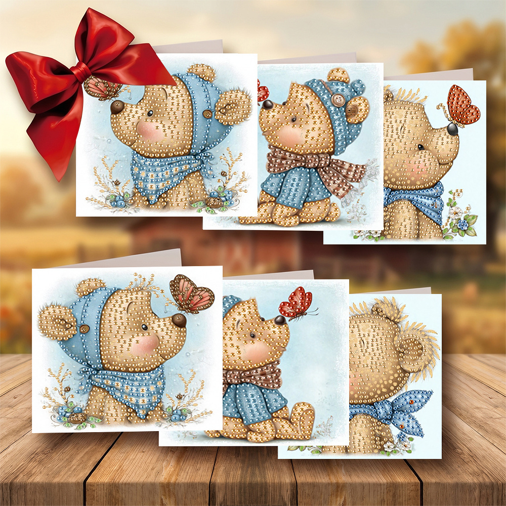 TEMU 6 stuks Unieke en Creatieve Cartoon Schattige Beer en Vlinder Thema Verjaardagskaarten, Design. Ronde Strass Schilderkunst Kaart Handgemaakte