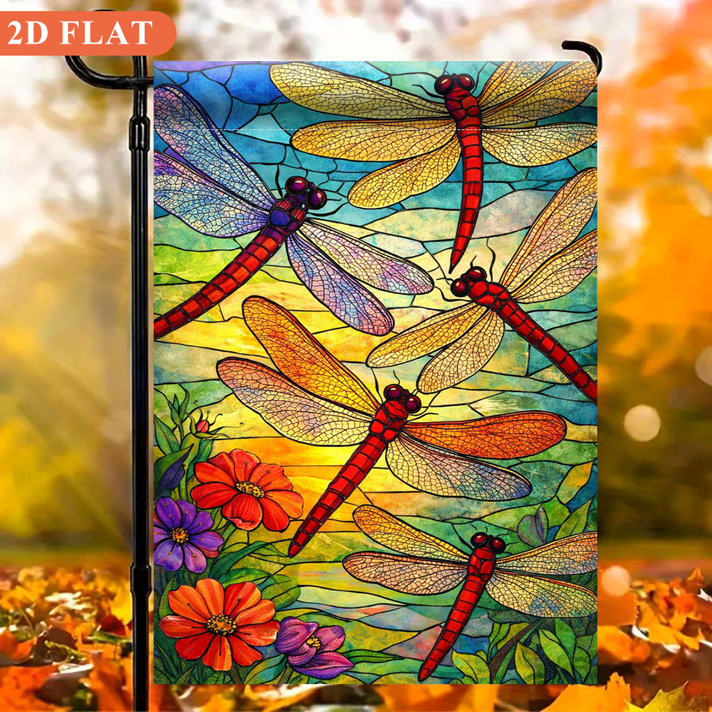 TEMU 2d Flat, 2d Flat Flag 1pc, Dragonfly Stained Glass, Single-sided Printed Garden Flag, Perfect For Outdoor Use, Lawns, And Patios. Ideal For Home