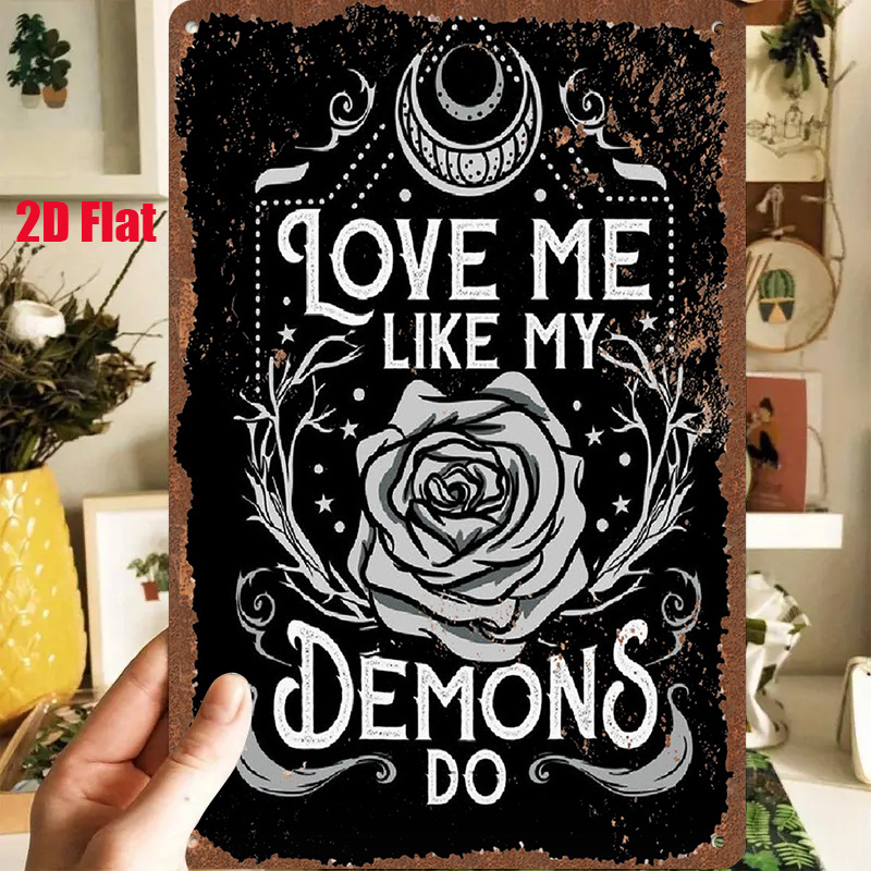 TEMU 2d Flat Wooden Print 1pc, Vintage Wooden Print "love Me Demons Do", Black Background With White Roses And Mystical Patterns, Suitable For