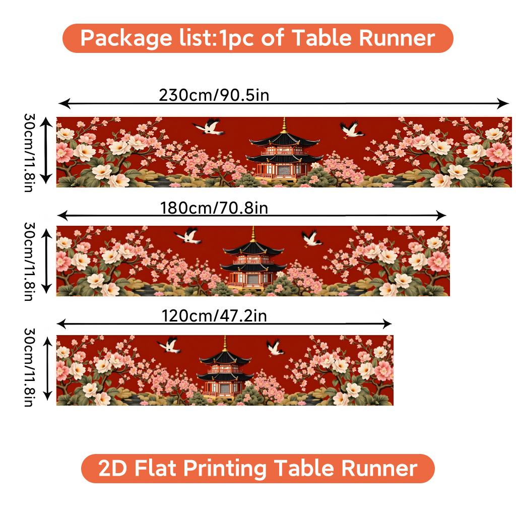 TEMU 1pc Japanese Table Runner With Blooming Blossoms & Traditional Pagoda - Minimalist Modern Suitable For Spring Summer Decor, Indoor/outdoor