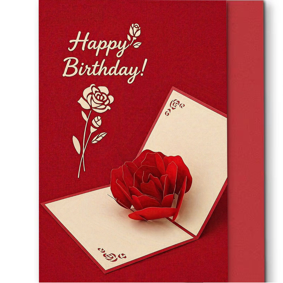 TEMU 1 Set (1pc Envelope And 1pc Card) Elegant Red Rose Birthday Card, Happy Birthday Floral Pop-up Card, Gift For Best Friend, High-quality Paper,
