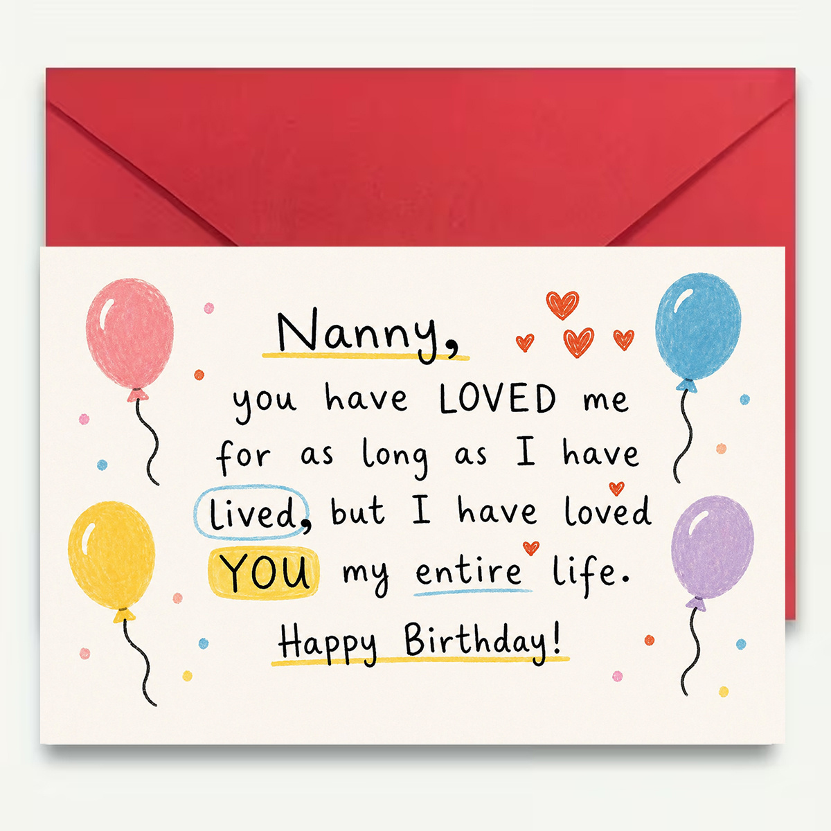 TEMU 1set(an Envelope And A Card) Cute Balloon Birthday Card Nanny Happy Birthday Text For Nanny Loving Message For Grandma High Quality Paper Red Or