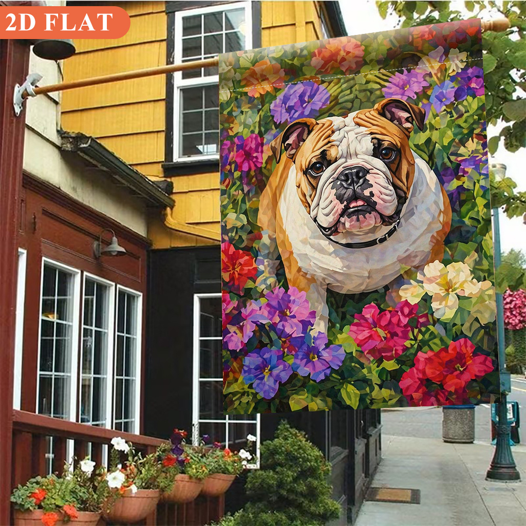 item picture 2d flat 2d flat 2d flat garden flag 1pc bulldog and flowers perfect for camping and patio decor single sided printed flag suitable for   garden decoration outdoor   party welcome flag flag  