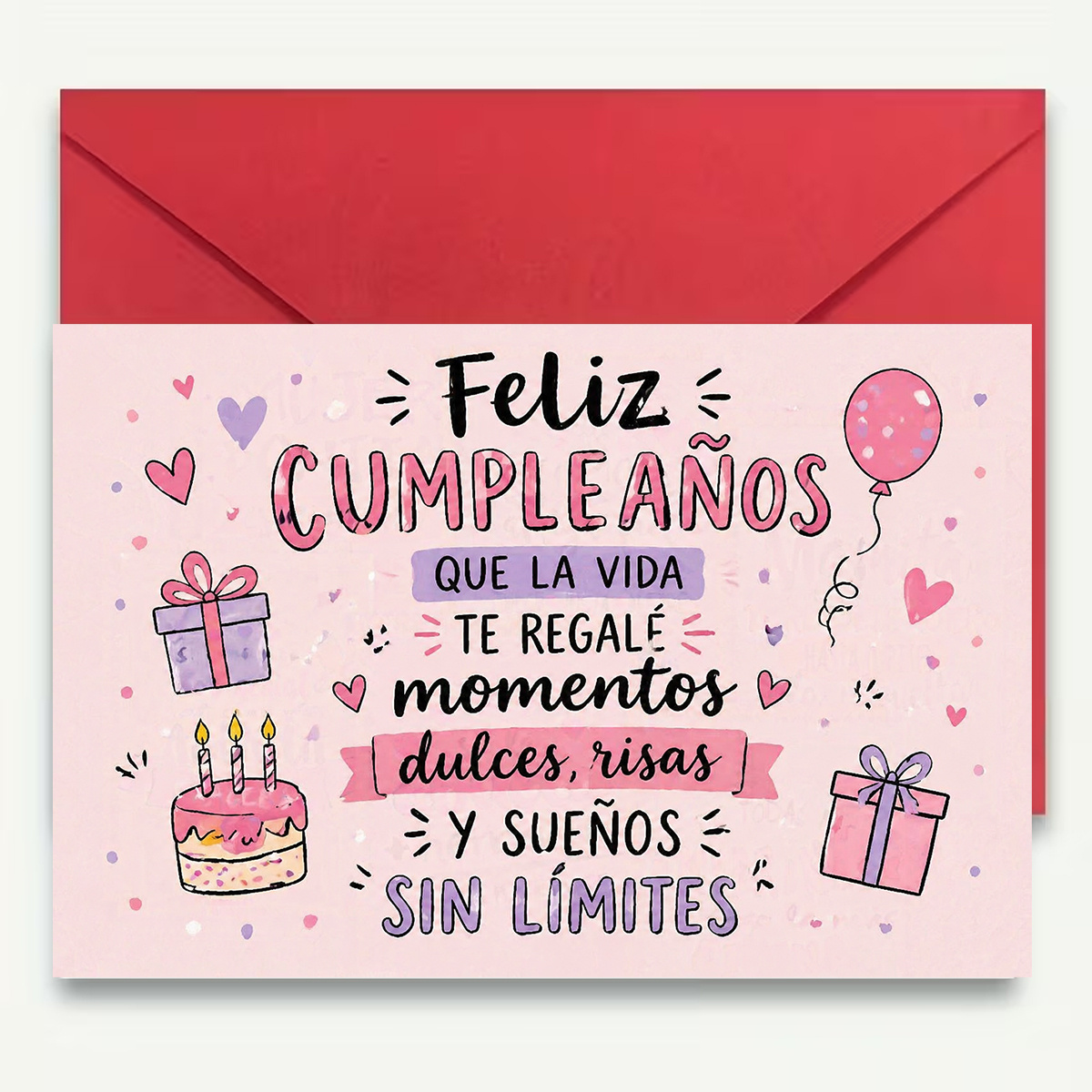 TEMU 1 Set Tarjeta de | Texto en Español , de Dulzura, y , Con Corazones, Globos, Pastel y Regalos, Para , Papel de Calidad, Sobre o Disponible,