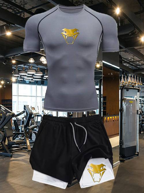 2pcs mens gym fitness high elastic compression sports suit dark snake head print tights short sleeves shorts clothing high elastic quick drying breathable fabric suitable for daily exercise running hiking