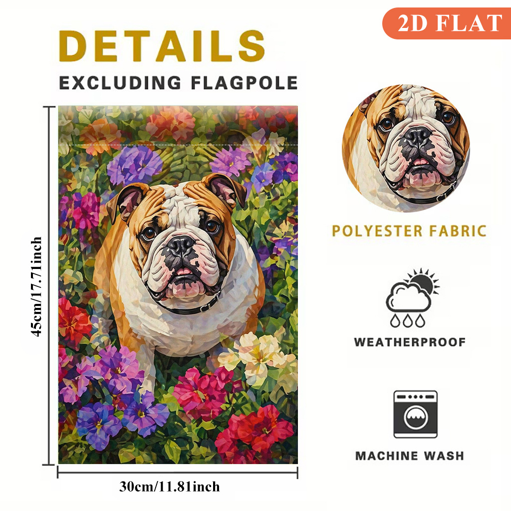 2d flat 2d flat 2d flat garden flag 1pc bulldog and flowers perfect for camping and patio decor single sided printed flag suitable for   garden decoration outdoor   party welcome flag flag  