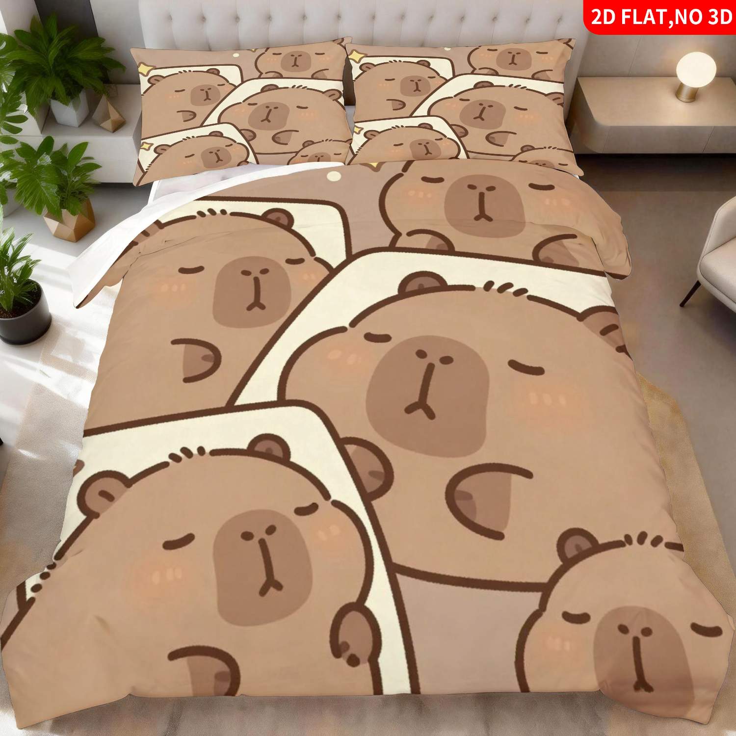 TEMU 2/3pcs 2d Flat Printing Cute Cartoon Capybara Quilt Cover Bedding Brown Adorable Sleeping Capybara Pattern Suitable For Multiple Sizes 4 Lining