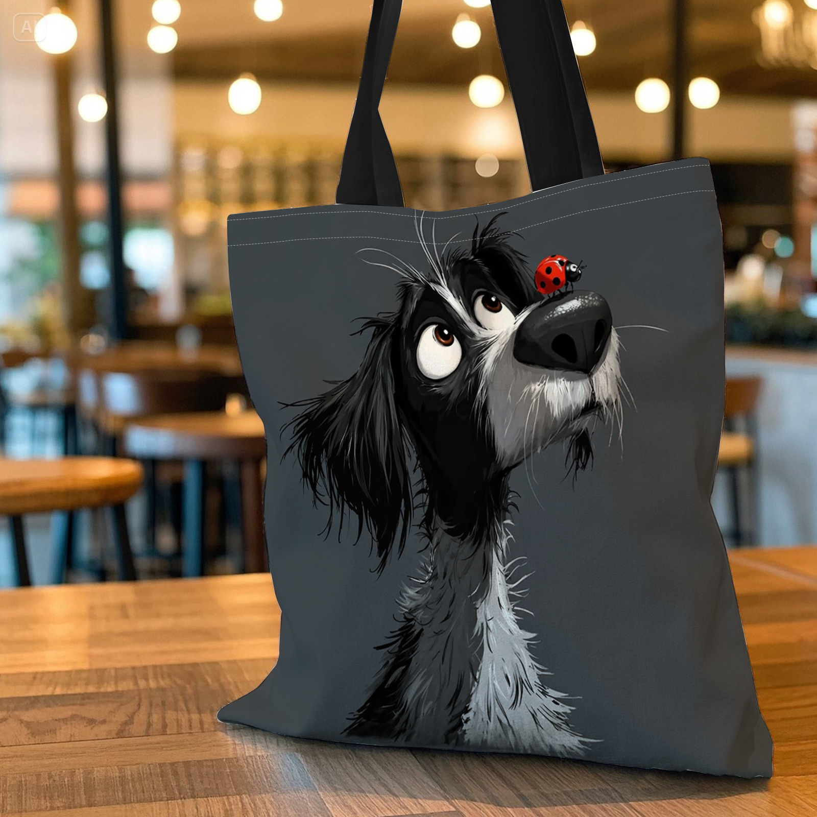 TEMU 1pc Retro Tote Bag With Dog & Ladybug Print - Lightweight Foldable High-capacity Suitable For College, Commuting, Daily Use, Durable Bag With