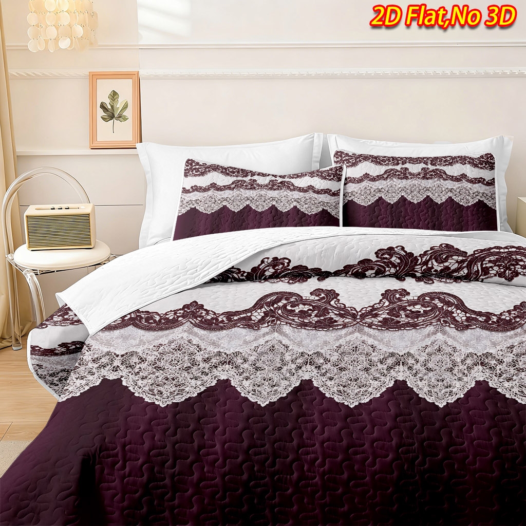 TEMU 2/3pcs 2d Flat New Wine Red And White Vintage Lace Pattern Bedspread Set, 1*bedspread   1/2*pillowcases, No Filling, Breathable Cooling Quilt