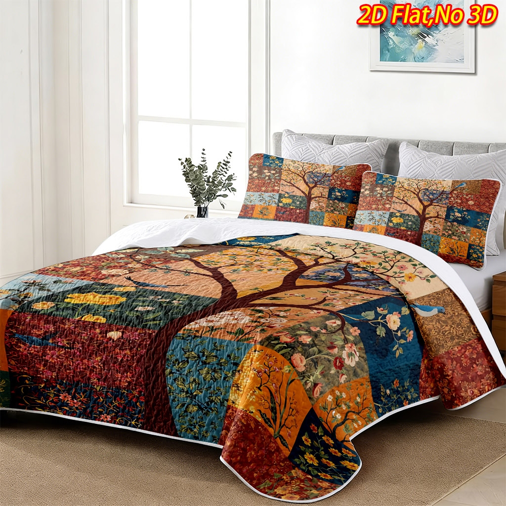 TEMU 2/3pcs 2d Flat New Retro Floral And Bird Theme Bedspread Set (1* Bedspread   1/2* Pillowcase, No Filling), Breathable Cool Blanket, Suitable For
