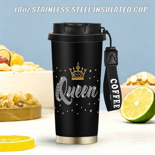 item picture 1pc 18oz insulated stainless steel water bottle suitable for reusable coffee cups with queen theme design gift for parties weddings birthdays christmas