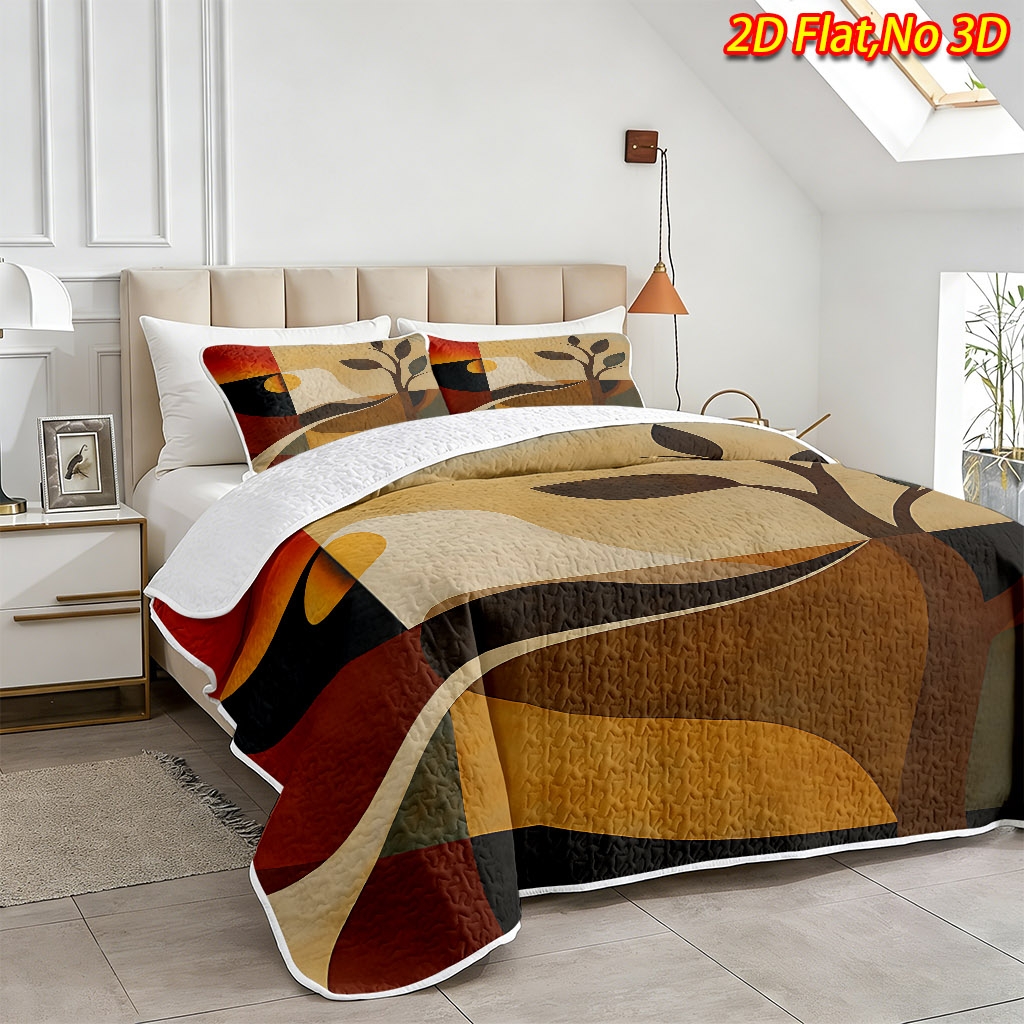 TEMU 2/3pcs 2d Flat Abstract Geometric Sunset Tree Bedspread Set, Includes 1 Bedspread   1/2 Pillowcases, No Filling, Breathable Cooling Quilt,