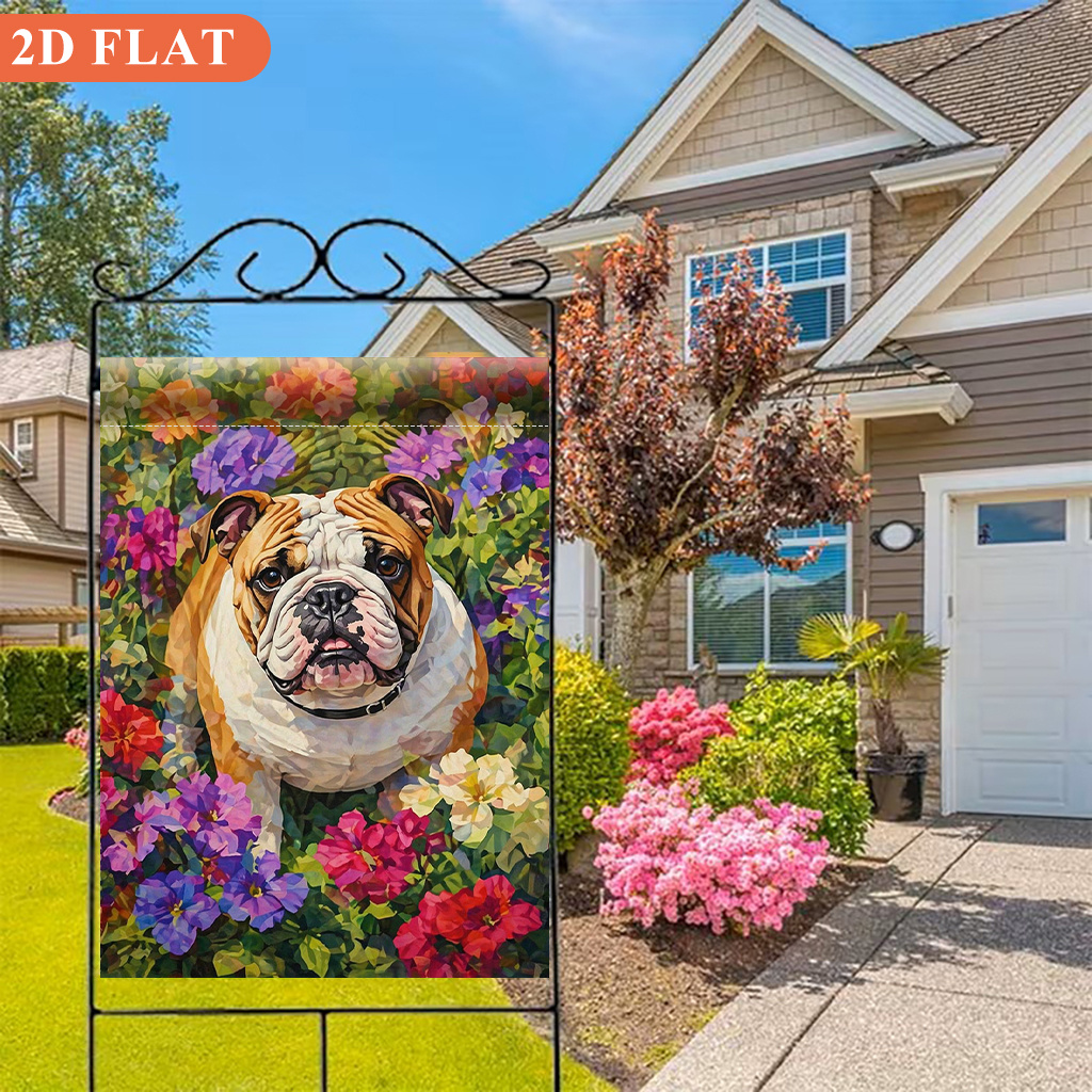 item picture 2d flat 2d flat 2d flat garden flag 1pc bulldog and flowers perfect for camping and patio decor single sided printed flag suitable for   garden decoration outdoor   party welcome flag flag  
