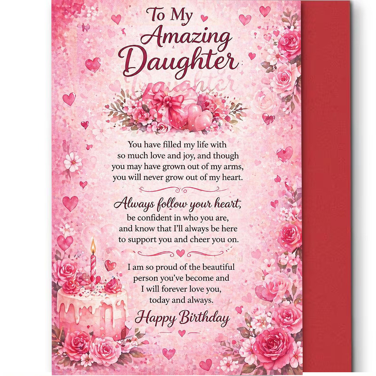 TEMU 1 Set Including Envelope And Greeting Card, Pink Floral Birthday Card, "happy Birthday To Daughter," Warm Cake And Heart Patterns, High-quality