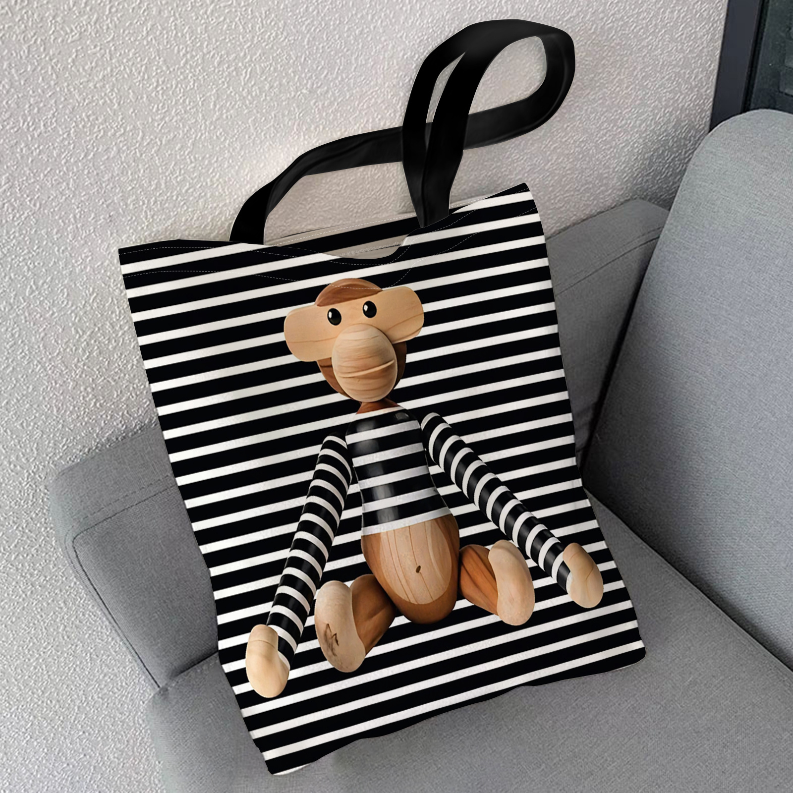 TEMU 1 Large-capacity Tote Bag   Pendant, Striped Sweater Pattern, Black And   Lightweight   Durable, Foldable With Dual Handles, Suitable For