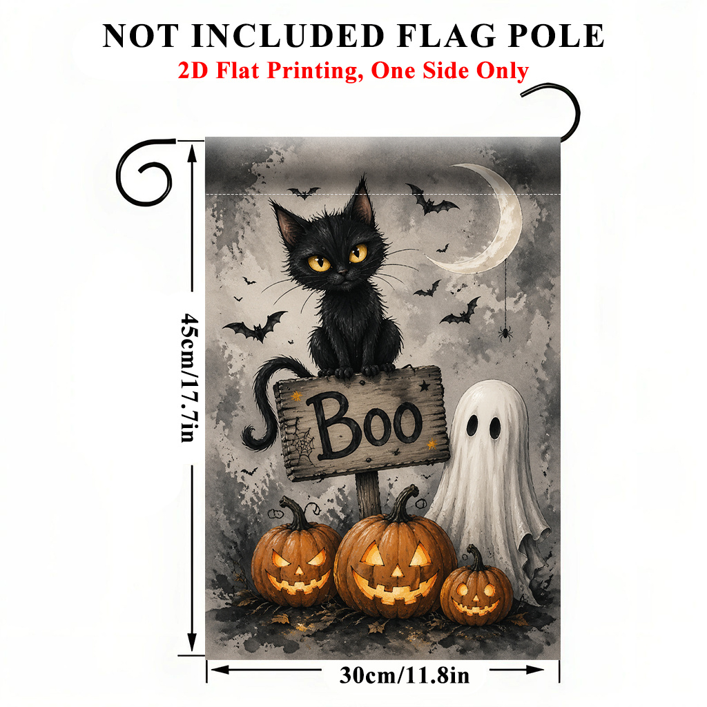 TEMU Drapeau de jardin imprimé plat 2D - 1 pièce, Chat Halloween Citrouille - Impression recto, Polyester durable pour extérieur, Convient et ,