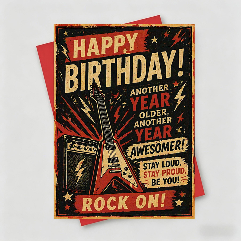 TEMU 1 Greeting Card + 1 Envelope Vintage Rock Birthday Card, Guitar And , "happy Birthday Another Year Older Another Year ", Suitable For Music