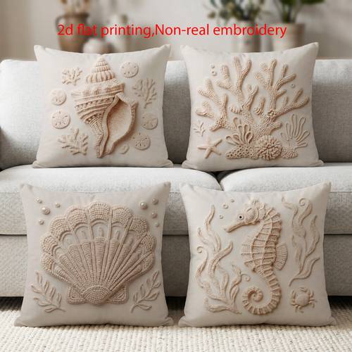 4pcs 2d flat print coastal throw pillow covers non real embroidery sea creature cushion covers 18x18in decorative pillowcases for bedroom living room sofa office courtyard no pillow inserts
