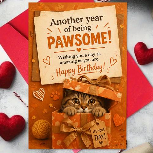 Artikelbild 1 grußkarte + 1 umschlag, niedliche geburtstagskarte, verspielte katze und geschenkbox weiteres jahr, das ist, für katzenliebhaber, geburtstag, skurriles tiermotiv, lustige grußkarte