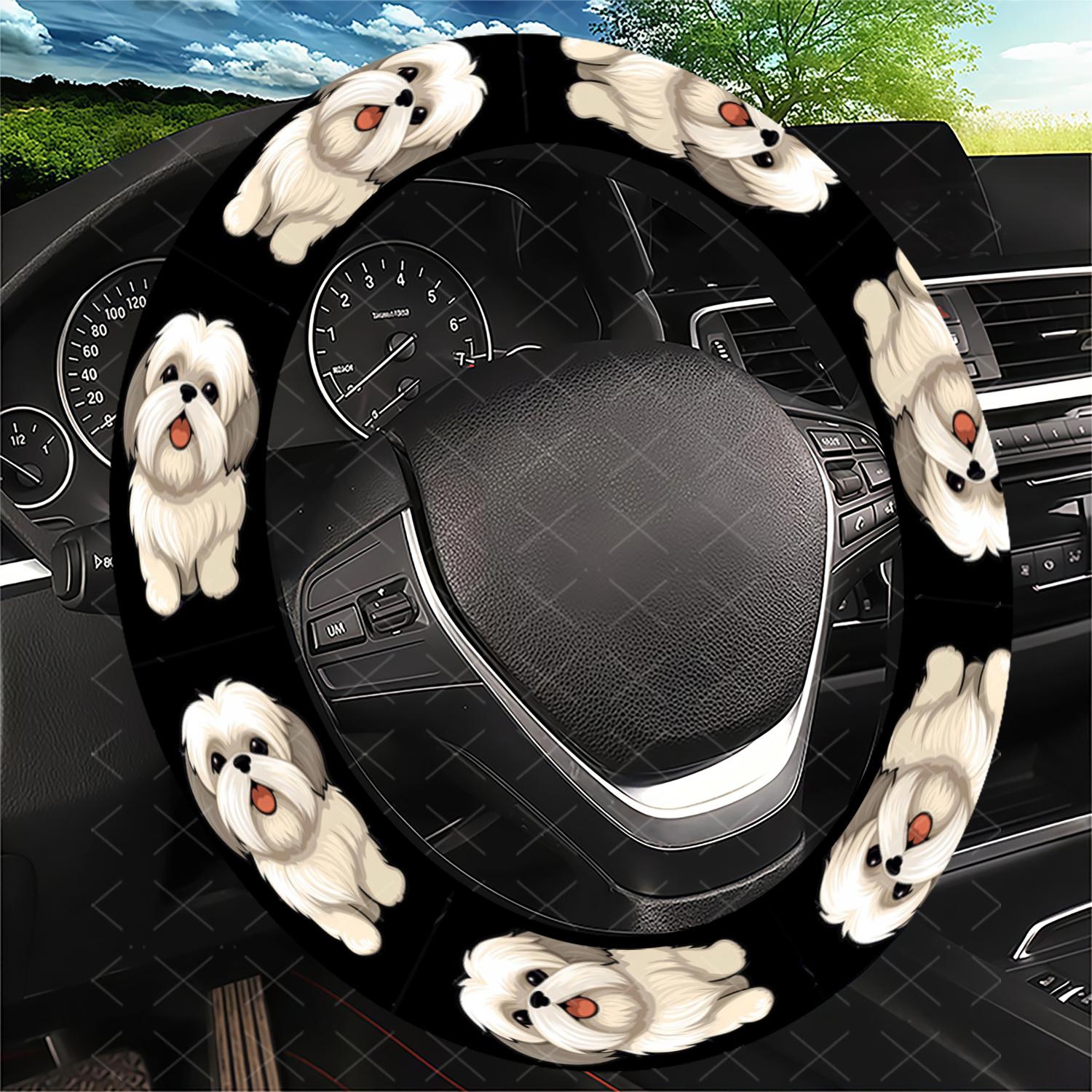 TEMU Cute Fluffy Lying Shih Tzu Dog Steering Wheel Cover, Cartoon Cute Puppy Black Background, Soft Comfortable Touch, Non-slip , No Design, Car