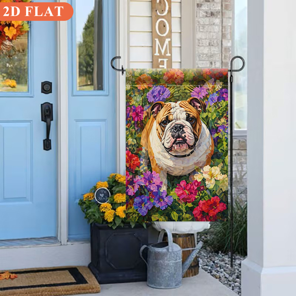 item picture 2d flat 2d flat 2d flat garden flag 1pc bulldog and flowers perfect for camping and patio decor single sided printed flag suitable for   garden decoration outdoor   party welcome flag flag  