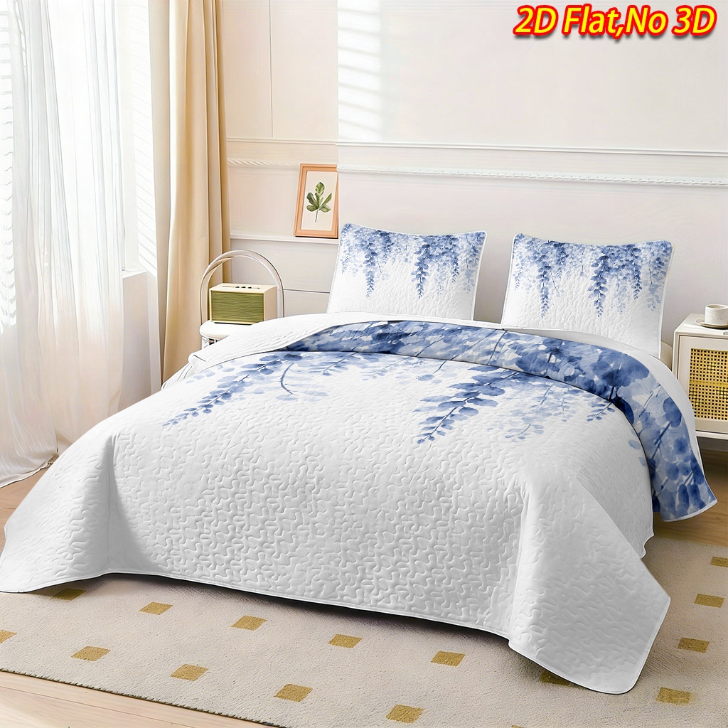TEMU 2/3pcs 2d Flat New Watercolor Style Blue Tones Dangling Branches And Leaves Bedspread Set, 1*bedspread   1/2*pillowcases, No Filler, Breathable