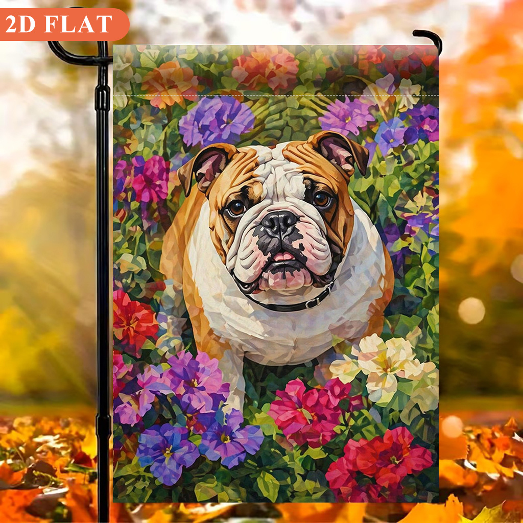 2d flat 2d flat 2d flat garden flag 1pc bulldog and flowers perfect for camping and patio decor single sided printed flag suitable for   garden decoration outdoor   party welcome flag flag  