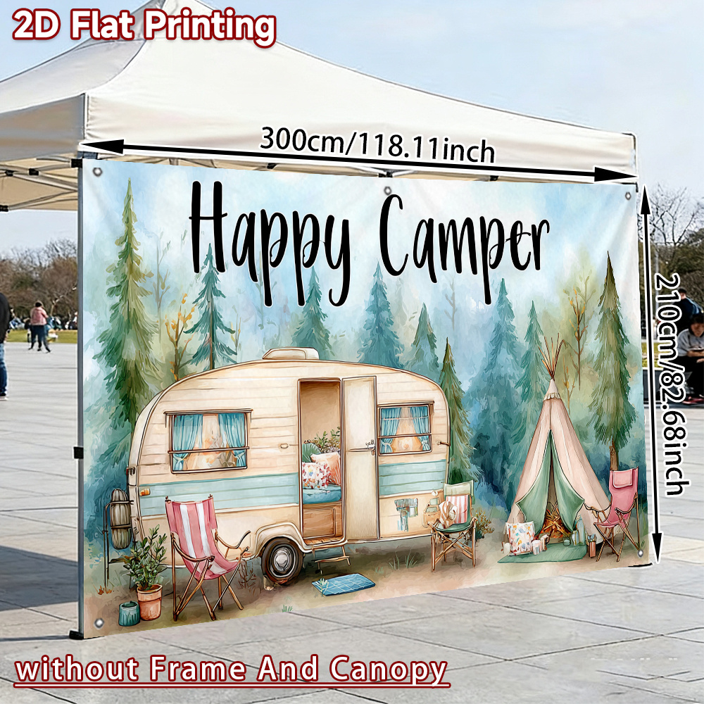 TEMU ., 2D flach, Vintage-Wohnwagen in einem Wald-Setting mit Stühlen, Outdoor-Sonnenschutz-Seitwand für Küstenstrand-Schatten, Camping-Vordächer und