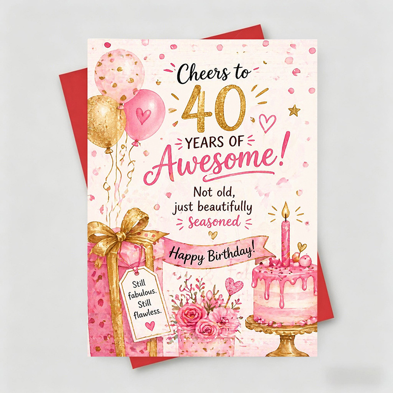 TEMU 1 Greeting Card + 1 Envelope Elegant Birthday Card, Cheers To Of Awesome, Happy Birthday For Her, 40th Birthday Pink Floral Style Greeting Card.