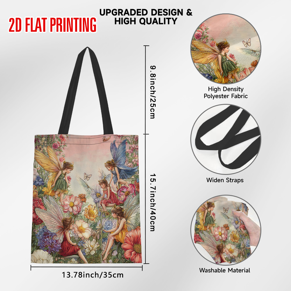 TEMU 1pc Flower Fairies Tote Bag Suitable For Shopping, Work, Travel - Durable Machine Washable Bag With , Casual No-closure Design, For, Picnic,
