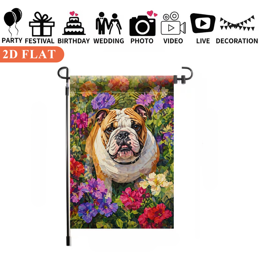 2d flat 2d flat 2d flat garden flag 1pc bulldog and flowers perfect for camping and patio decor single sided printed flag suitable for   garden decoration outdoor   party welcome flag flag  