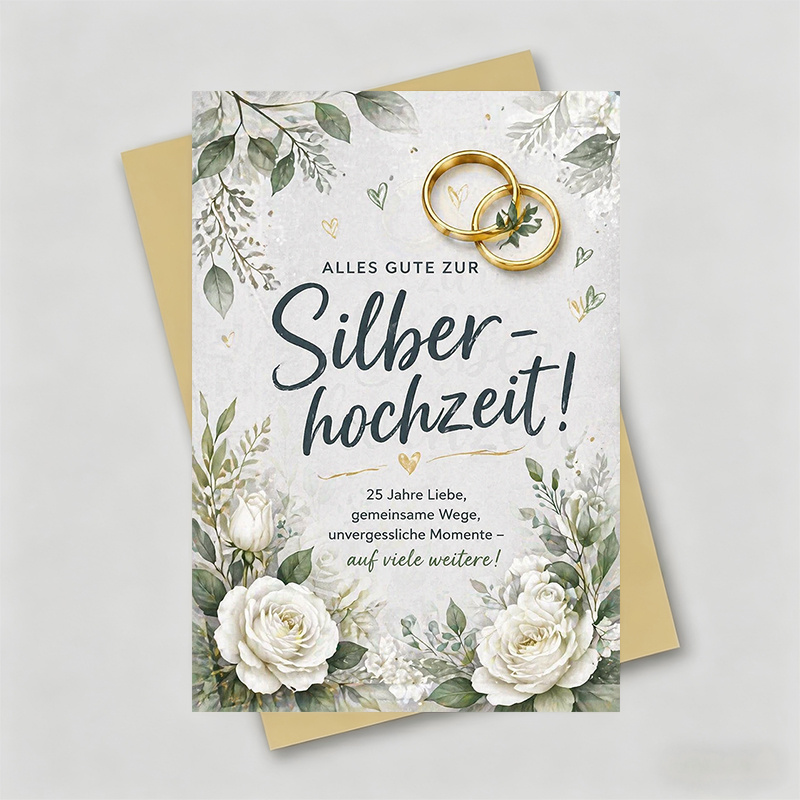 TEMU 1 Greeting Card + 1 Envelope Elegant Anniversary Card, Floral Rings And White Roses, "alles Gute Zur Silberhochzeit", For Couples, Anniversary