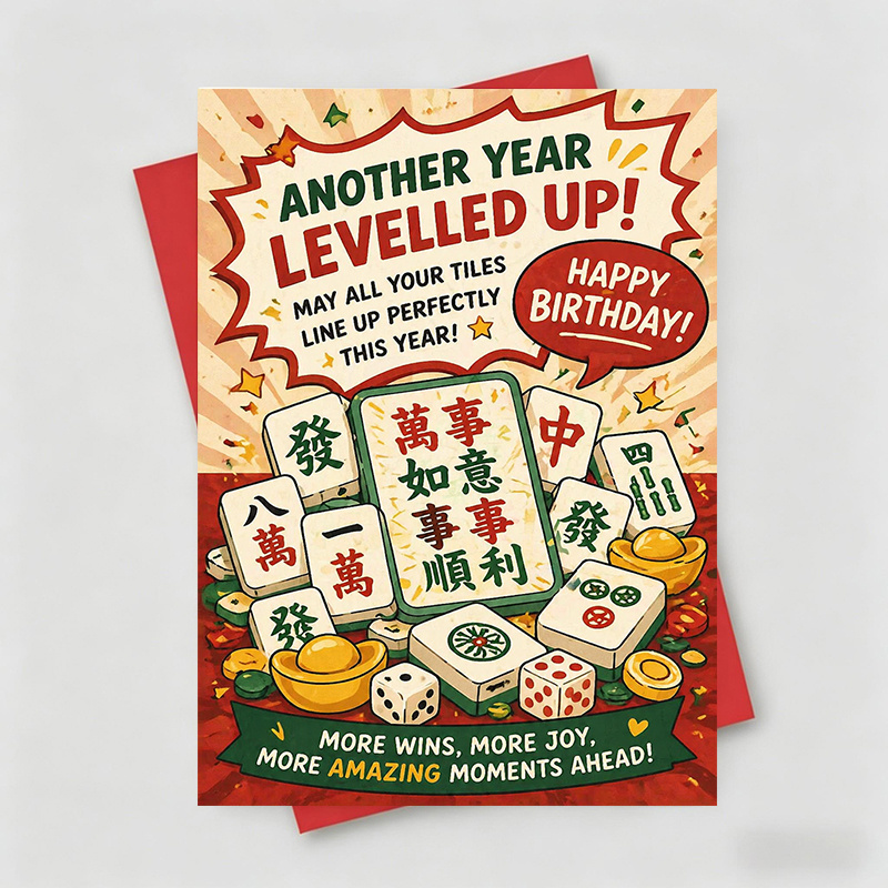 TEMU 1 Greeting Card + 1 Envelope Birthday Greeting Card, Mahjong Tiles And With Wishes, "another Year Leveled Up" For , Birthday Colorful Vintage