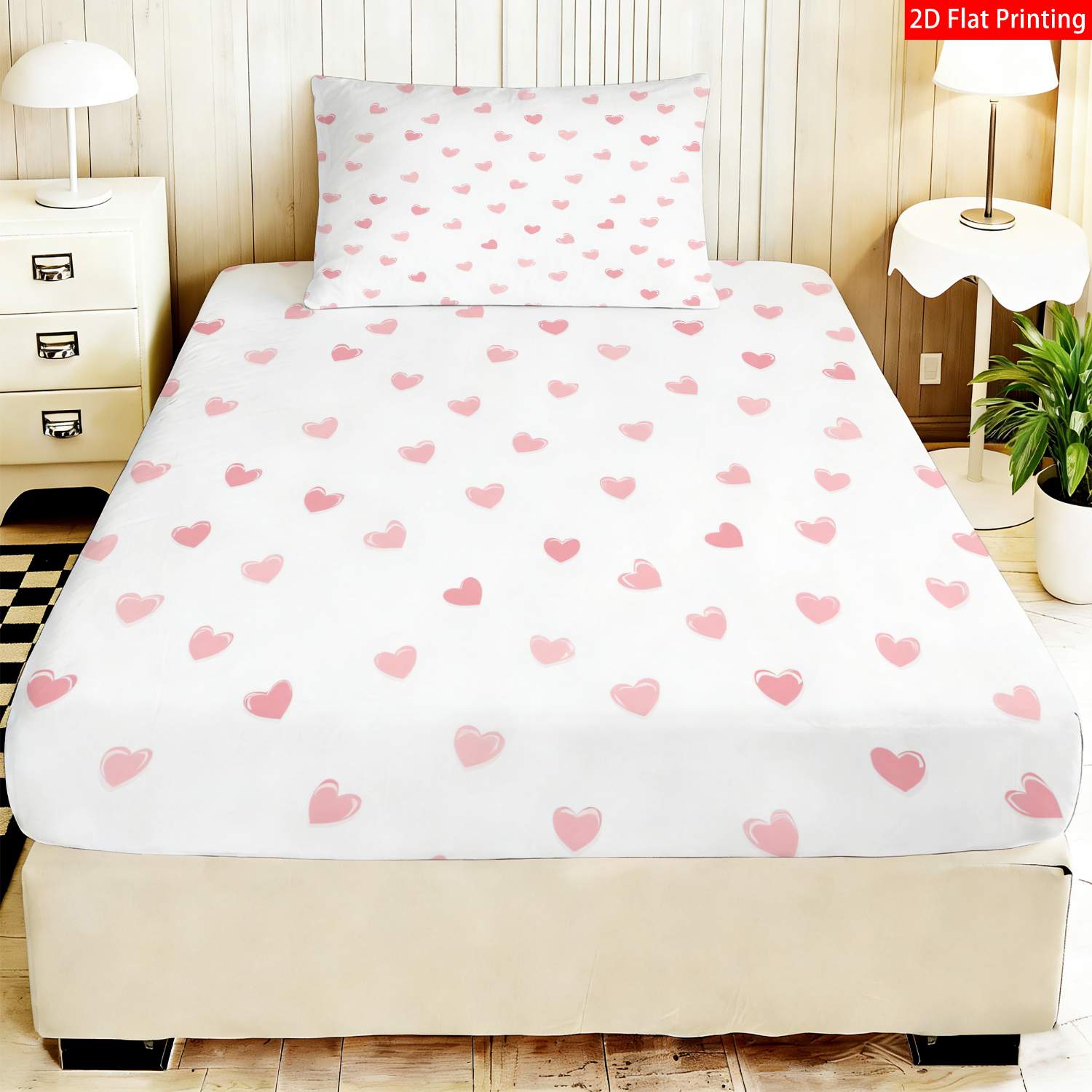 TEMU 2pcs/3pcs Bedding Suitable For - Pink Heart Print Fitted Sheet & Pillowcases - Scattered Heart Pattern Bed Sheets, Machine Washable Room Decor