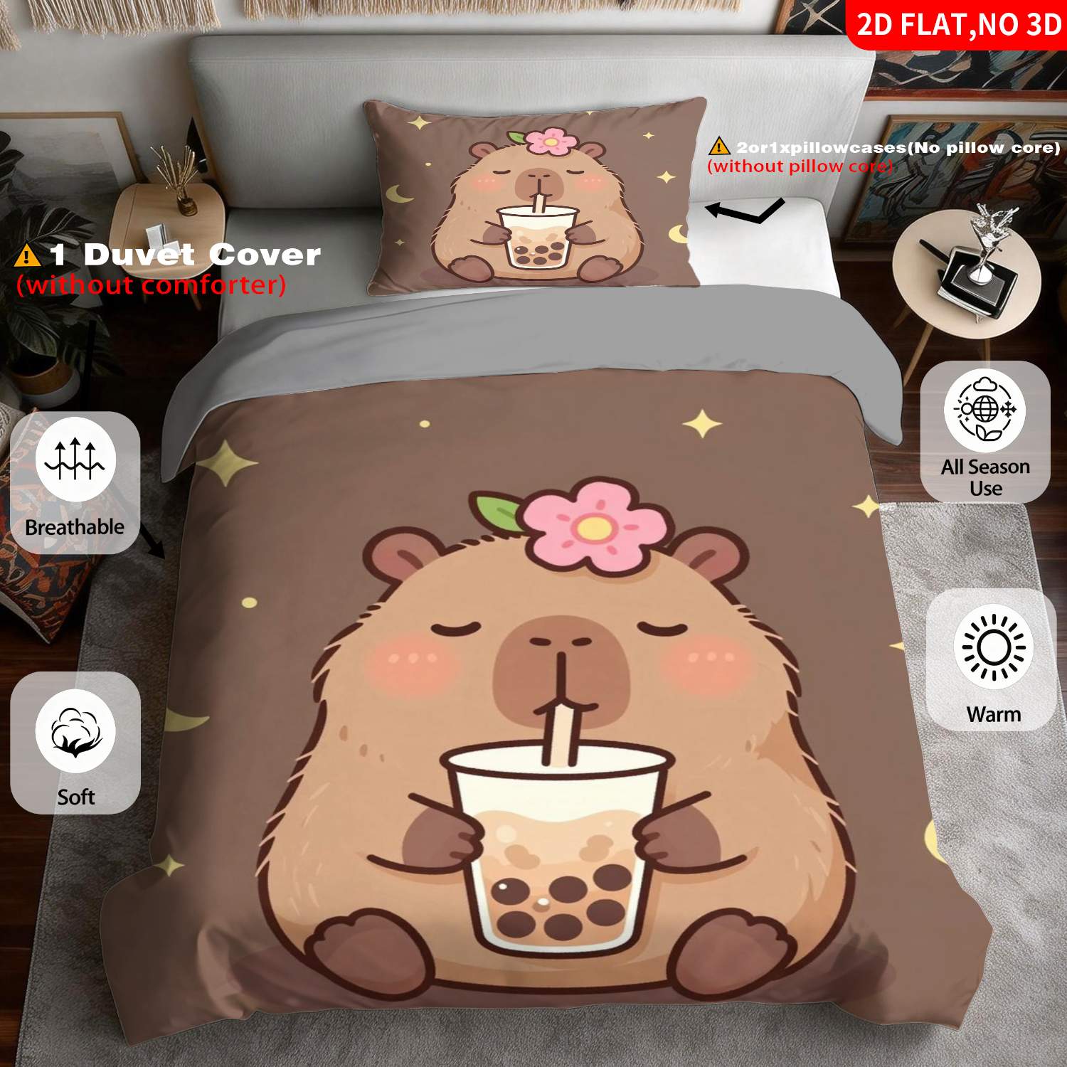TEMU 2/3pcs 2d Flat Printing Cute Animal Themed Quilt Cover Bedding Brown Capybara Drinking Bubble Tea Print Suitable For Multiple Sizes 4 Lining