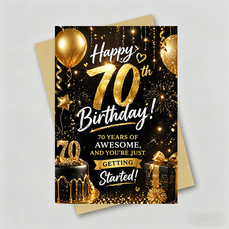 TEMU 1 Greeting Card + 1 Envelope Elegant 70th Birthday Card, Golden Balloons And Cake With Happy 70th Birthday And Of Awesome, Suitable For Men And