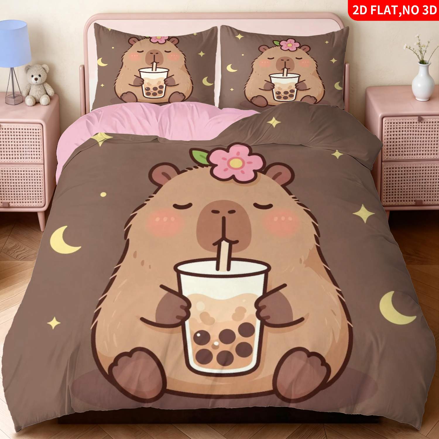 TEMU Parure de lit 2/3 pièces avec housse de couette à impression 2D plate sur le thème des animaux mignons, motif capybara marron buvant du bubble