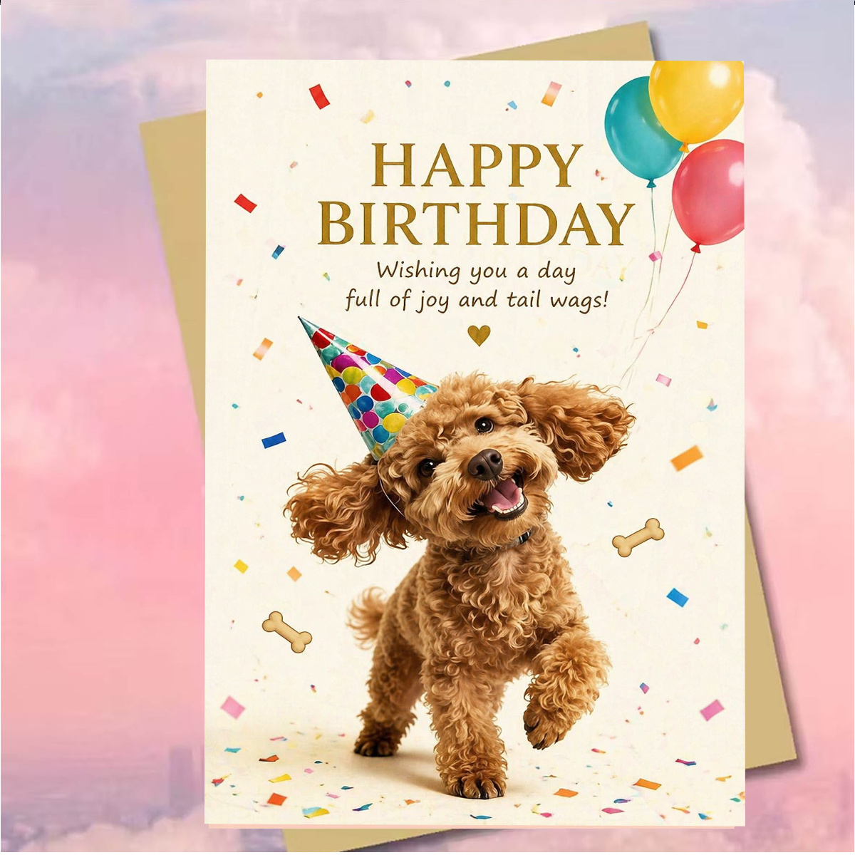 TEMU 1set (an Envelope And A Card) Cute Poodle Birthday Card, Happy Birthday, Puppy With Confetti And Balloons, Perfect For Dog Lovers, High-quality