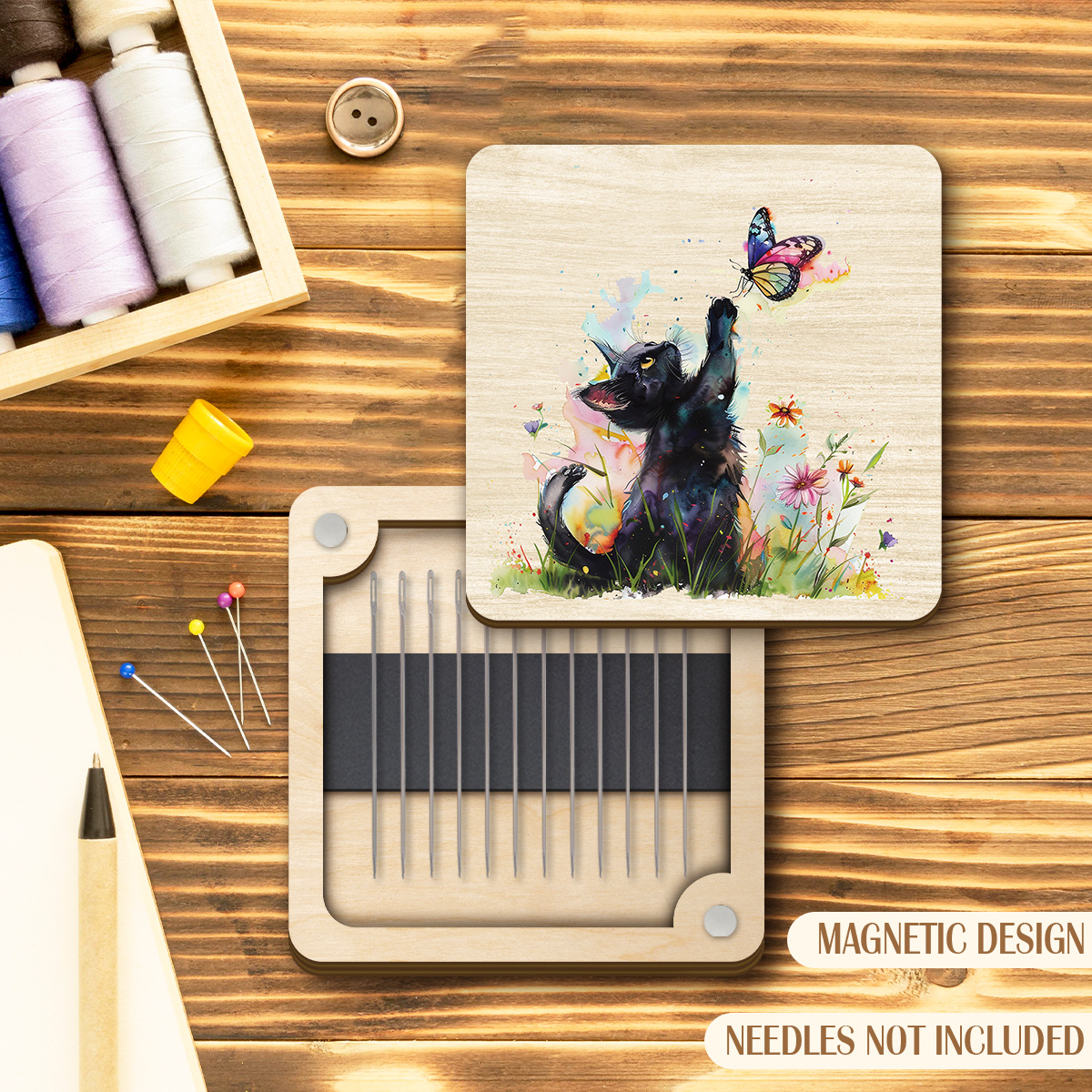 TEMU Square Magnetic Wooden Sewing Needle Box, Watercolor Cat, And , Retro Floral Sewing Machine Print Portable Needle And Thread Organizer, Suitable