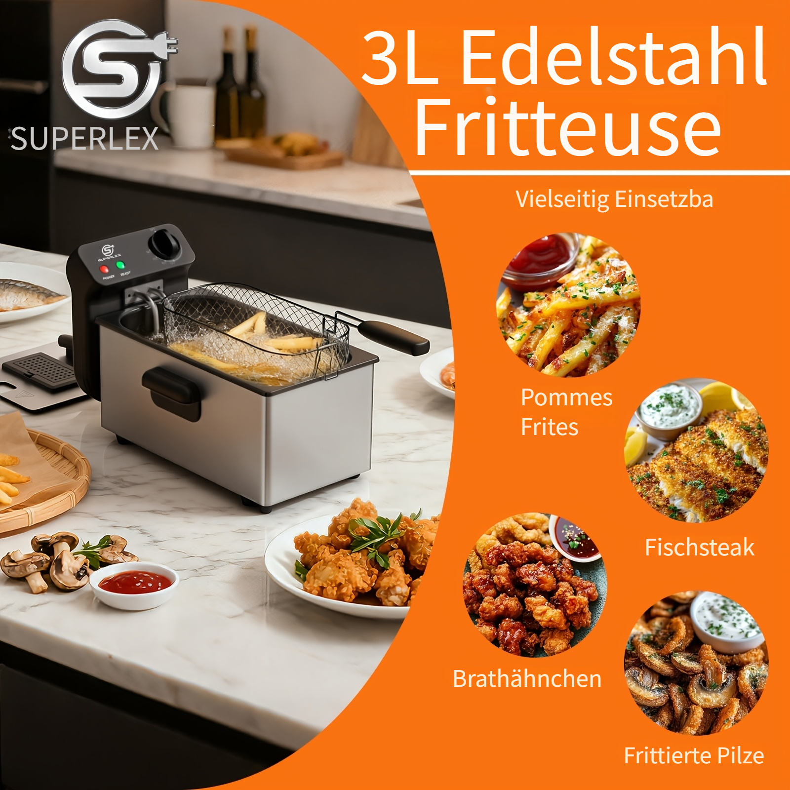 Image of Superlex 2000w Electric Deep Fryer, Adjustable Temperature 130-, Heating With Fully Immersed Element, Detachable Design, Handle, Anti-slip, Safe Fryer For Household And Commercial Use
