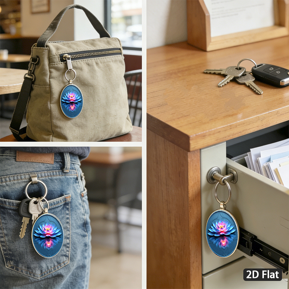 Elegant Lotus-themed Spherical Keychain, Blue-pink Gradient