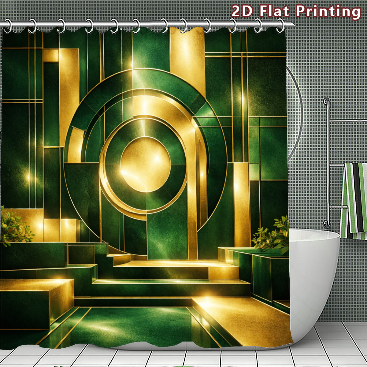 4pcs Geometric Art Deco Shower Curtain Set with Bath Mat