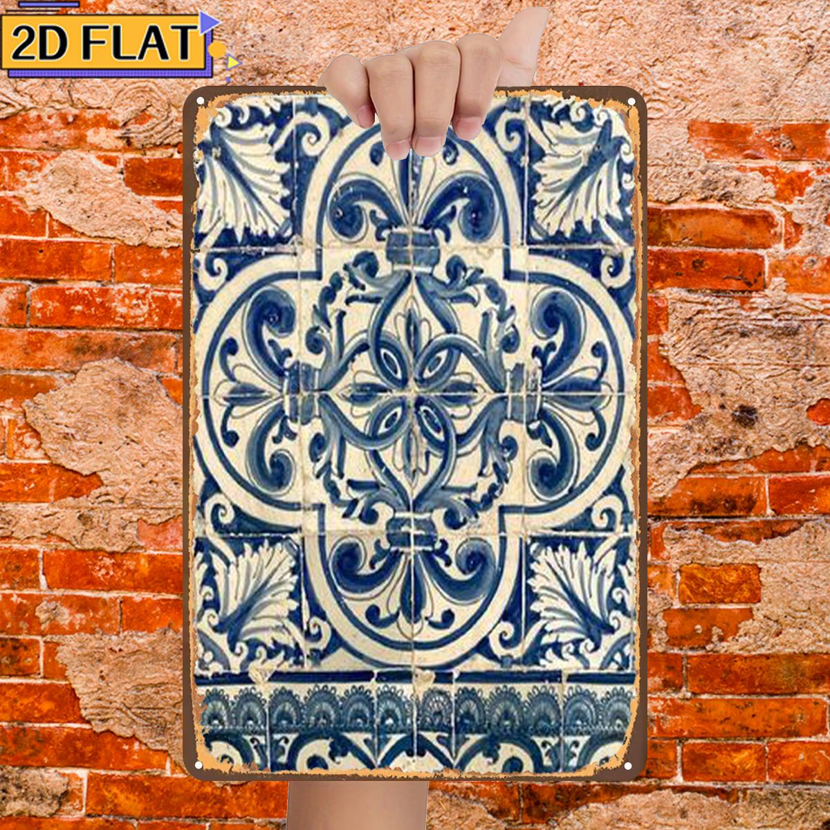 TEMU 2d Flat 1pc, Elegant Blue And White Ceramic Tile With Intricate Floral And Geometric Patterns, Metal Lron Sign, Size(8"x12"/20cm*30cm) Decoratve