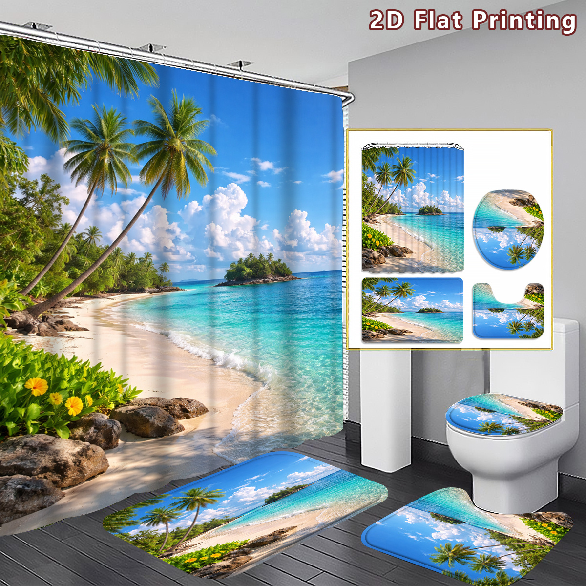 TEMU 2d Flat, 2d Flat 4pcs Beach Shower Curtain Set, Turquoise Sand Coconut Tree Bathroom Decor, Accessories With Bath Mat, U-shaped Mat, Toilet Lid
