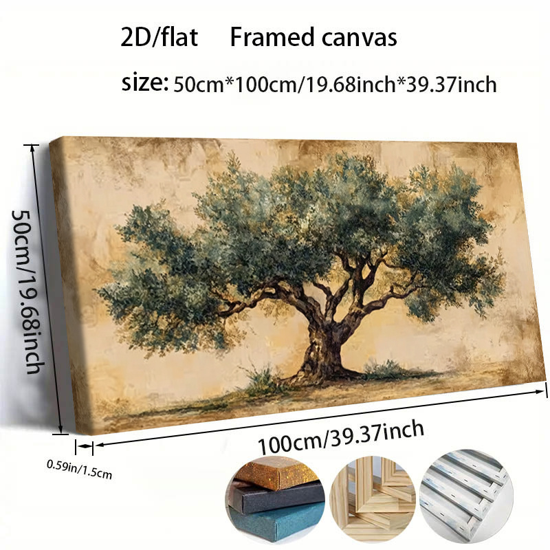 TEMU 2d Flat, 2d Flat, 2d/flat Printing 1pc 19 X 39in/50 X 100cm, With Frame, Canvas Painting, Ancient Olive Tree , Suitable For Office, Bedroom,